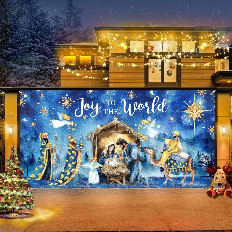 DZLGC Christmas Nativity Garage Door Decoration Cover, Large Christmas Jesus Birthday Garage Door Banner Backdrop, Joy to The World Winter Holiday Supplies Party Background for Photo Decor 16X7FT - Image 2